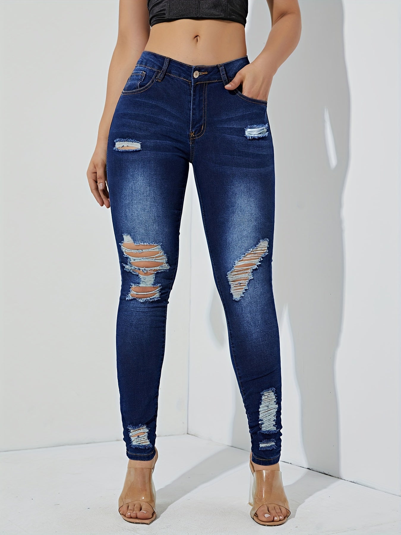 Stretchy High Waist Skinny Jeans with Distressed Slash Pockets