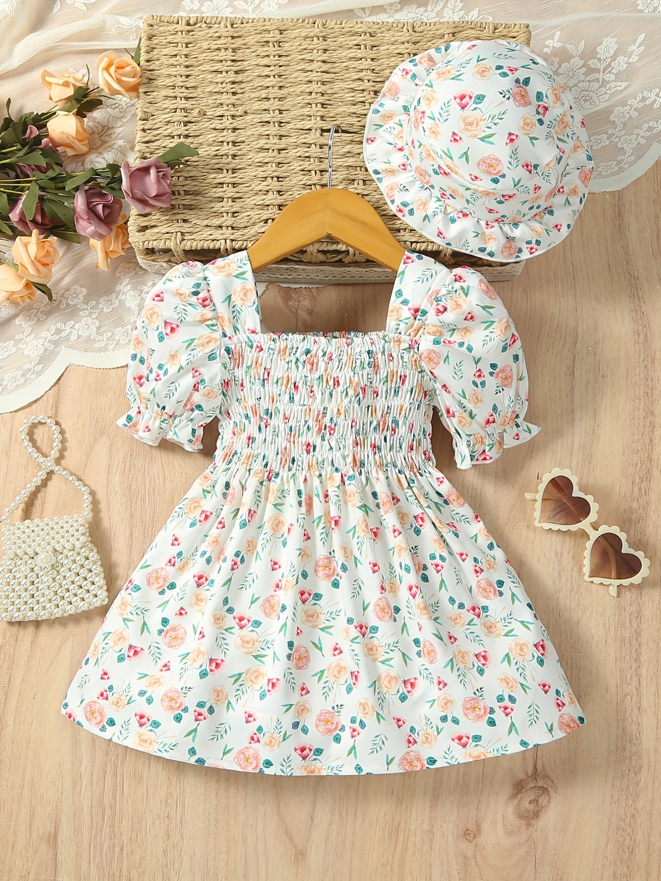 Girls Ruffle Trim Shirred Puffy Floral Dress for Toddler Baby
