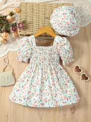 Girls Ruffle Trim Shirred Puffy Floral Dress for Toddler Baby
