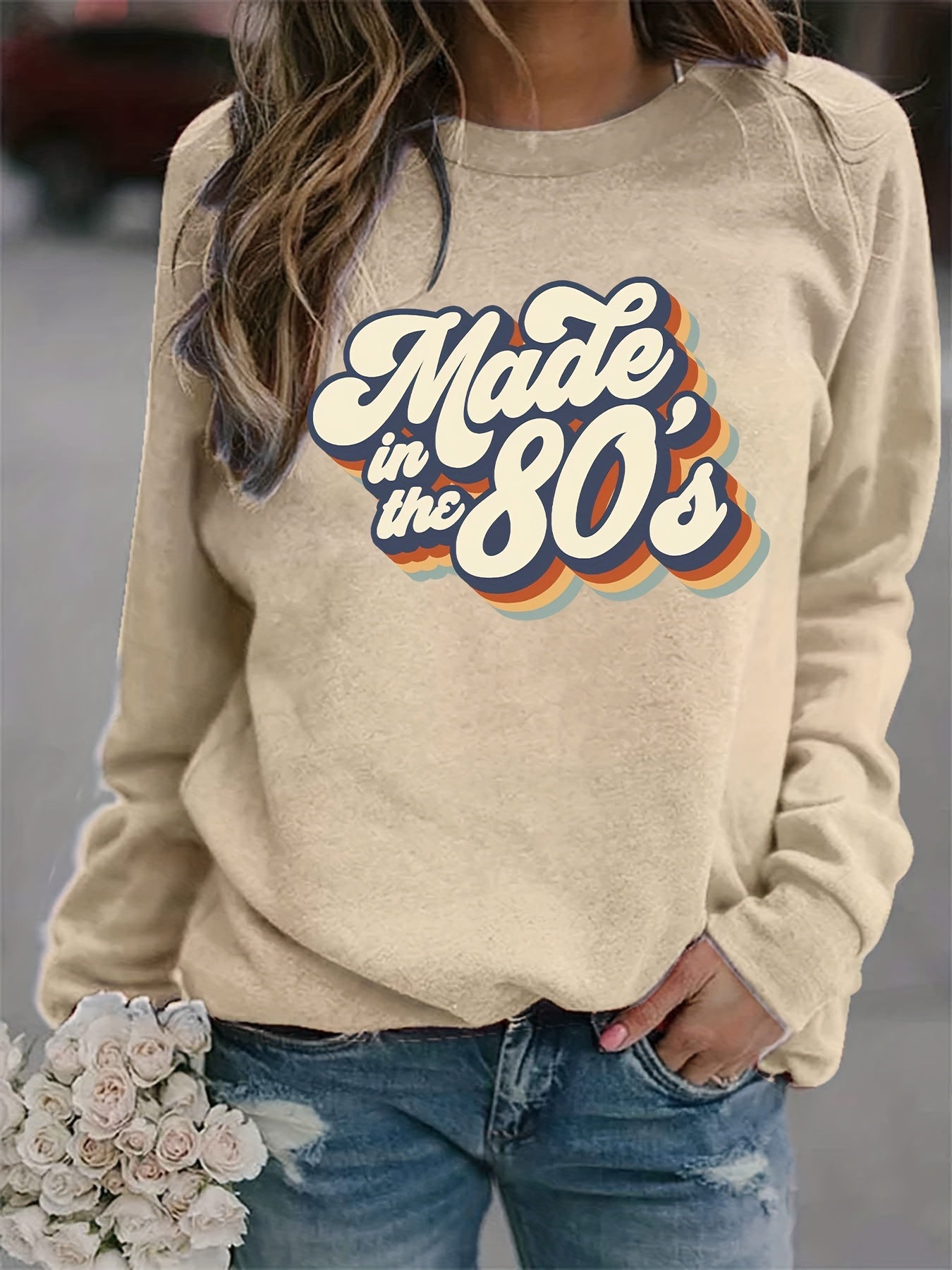 Vintage 80s Print Graphic Pullover Sweatshirt for Women