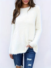 Solid Round Neck Fuzzy Fleece Sweater
