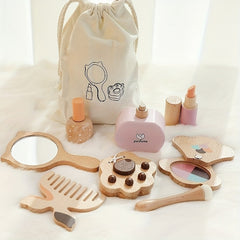 Girls' Wooden Makeup Set with Mirror Comb Lipstick Eyeshadow Powder Toy Gift