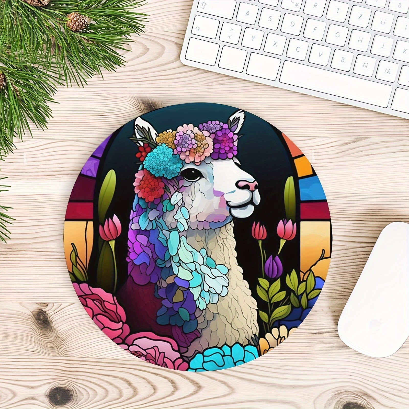 Stained Glass Alpaca Llama Round Mouse Mat Mouse Pad 7.87x7.87x0.1inch
