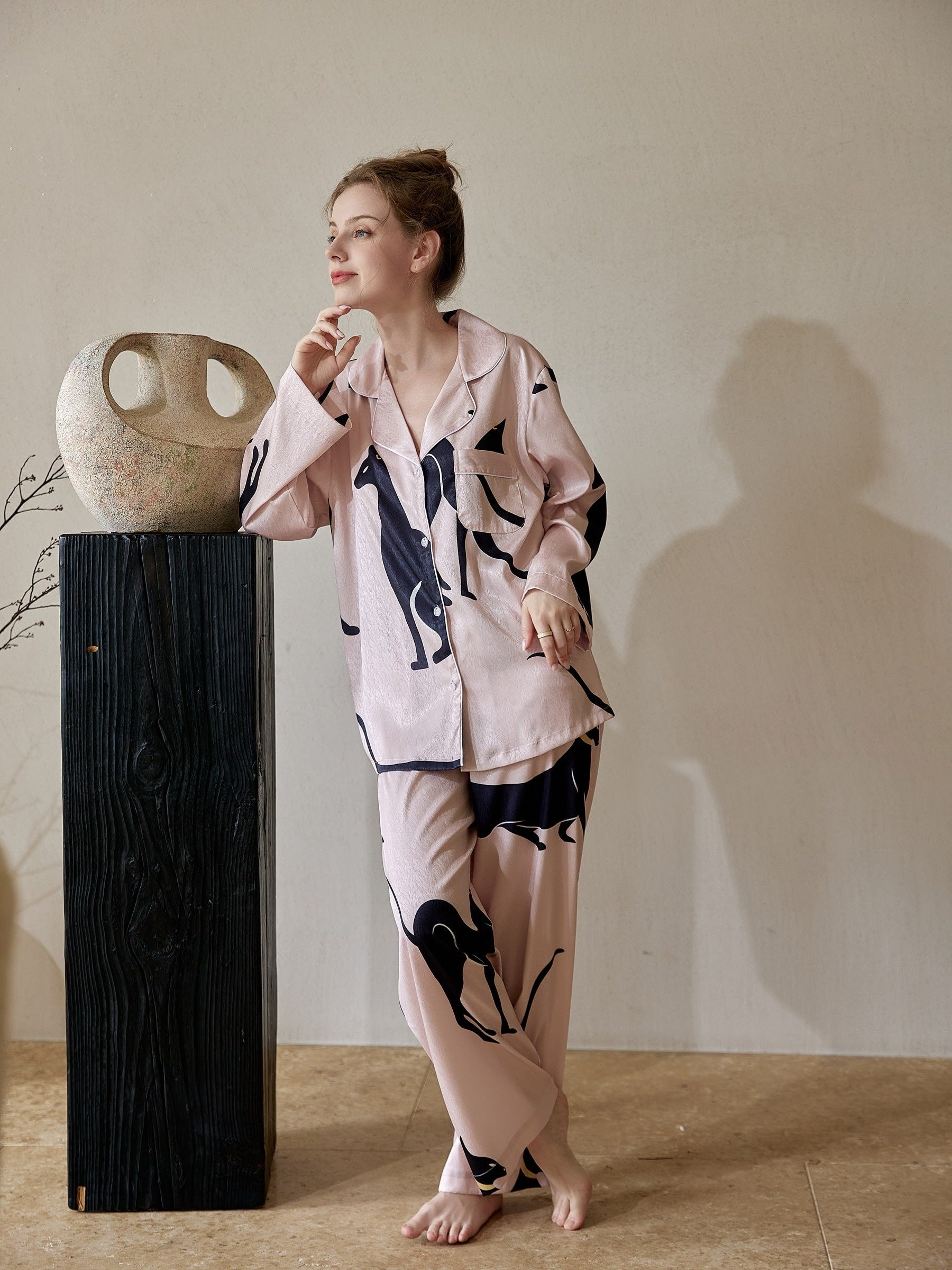 Cat Print Pajama Set Long Sleeve Buttons Top & Elastic Waistband Pants