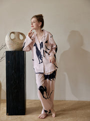 Cat Print Pajama Set Long Sleeve Buttons Top & Elastic Waistband Pants