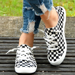 Women's Checkerboard Flat Canvas Shoes Lace up Low Top Casual Walking Shoes