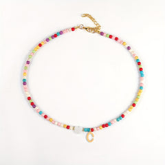 Girl's Colorful Beaded Choker Necklace with Golden Initial Letter