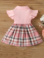 Baby Girls Plaid Bowknot Decor Dress Ruffled Sleeves Princess Dresses