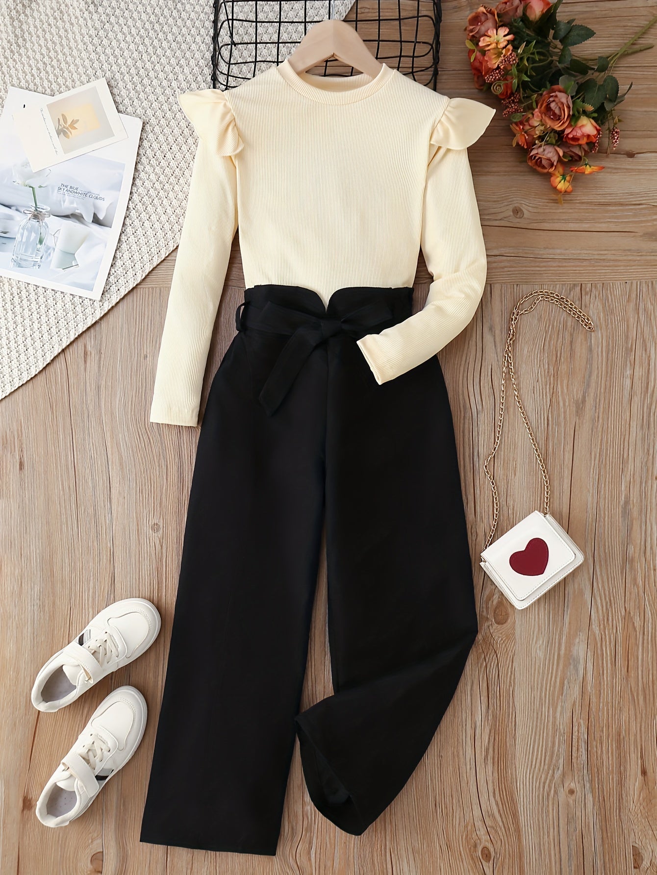 Girl's Ribbed Top & Wide Leg Pants Set for Spring Fall