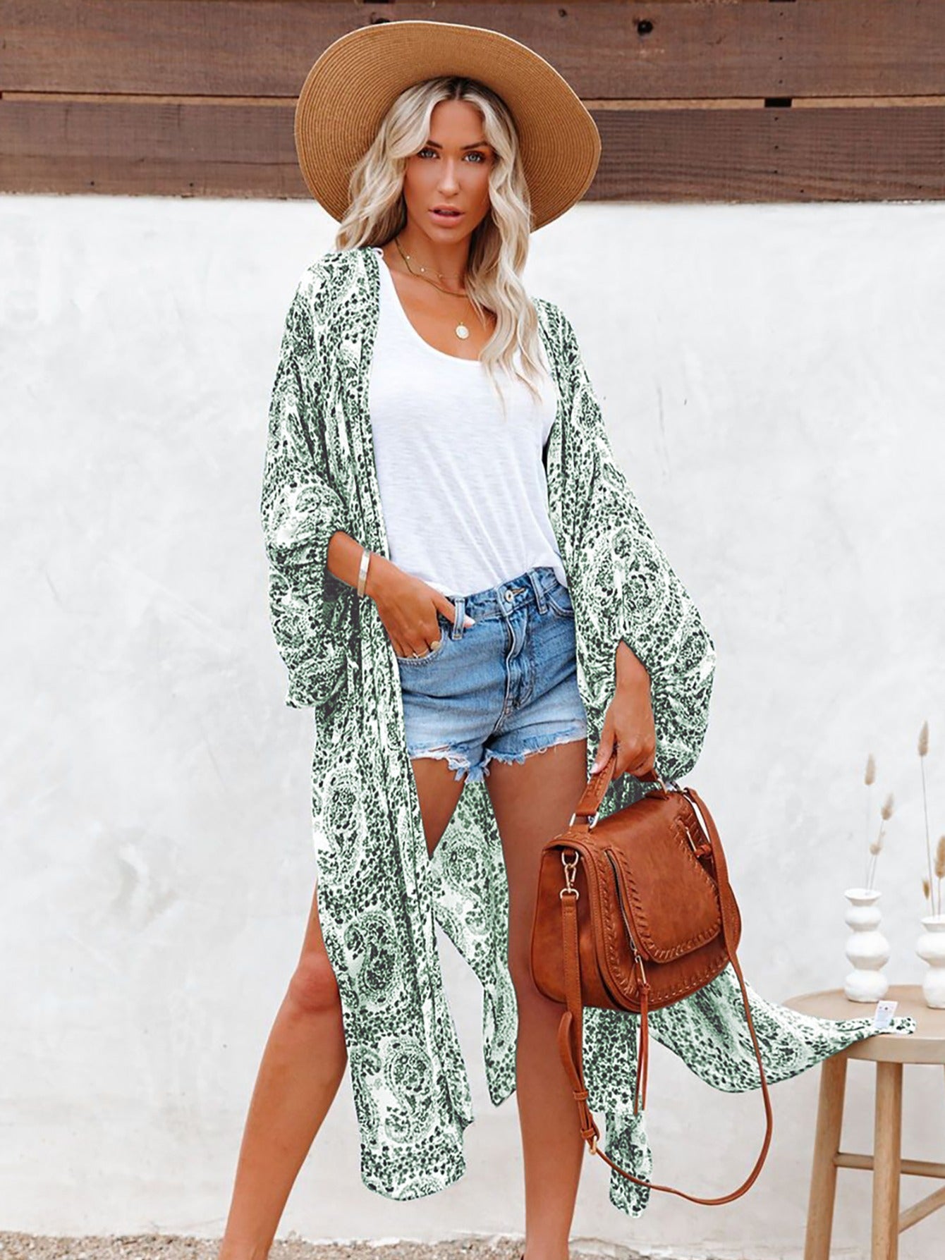 Green Print Fringed Beach Cardigan Casual Loose Cover Ups Kimono