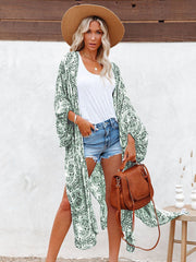 Green Print Fringed Beach Cardigan Casual Loose Cover Ups Kimono