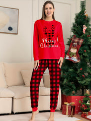 Christmas Elk Print Pajama Set Long Sleeve Top & Plaid Pants