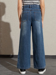 Girls Sun Flower Cloud Print Denim Trousers for Daily Wear