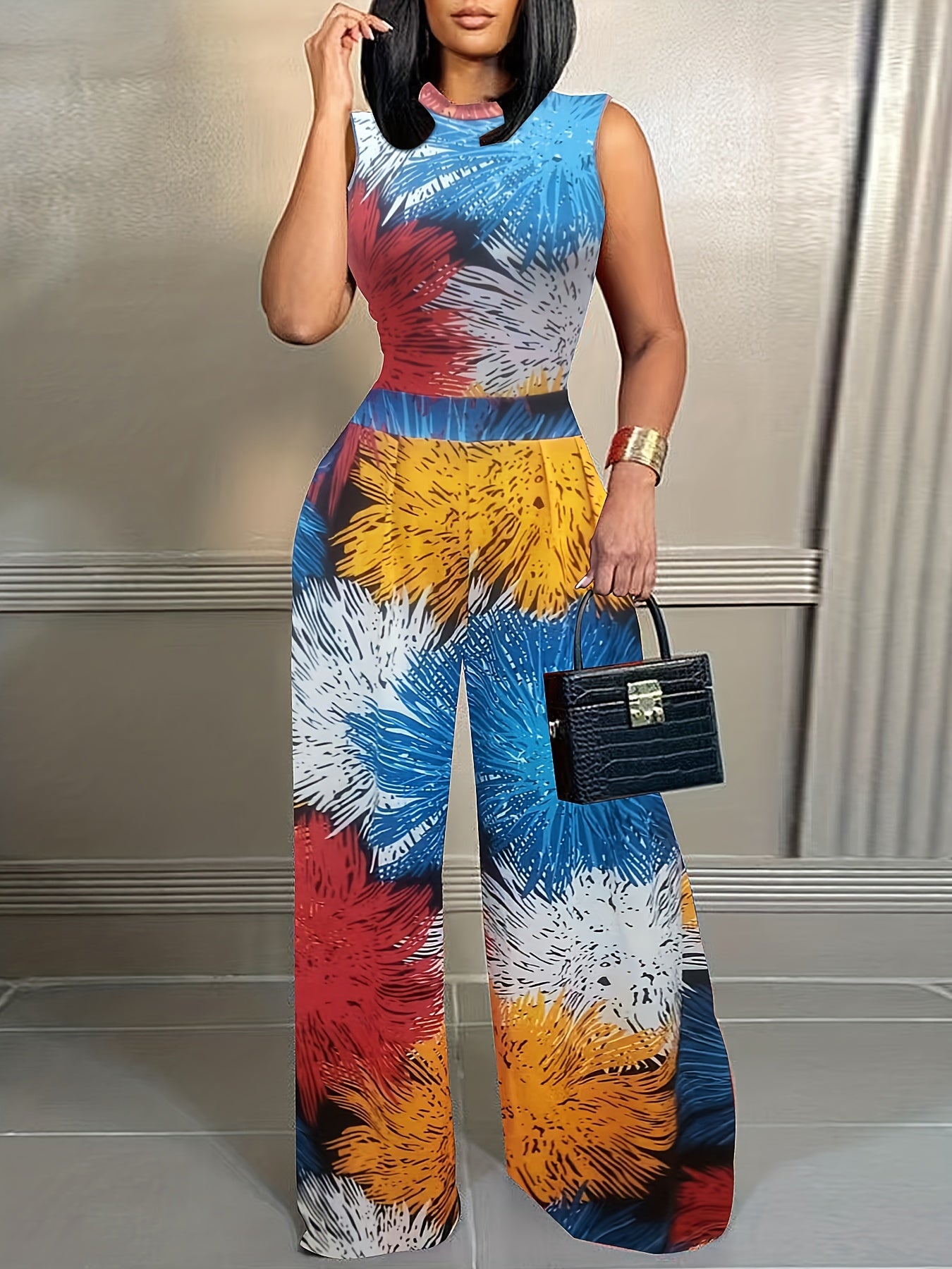 Firework Print Slim Wide Leg Jumpsuit Sleeveless Casual Jumpsuit