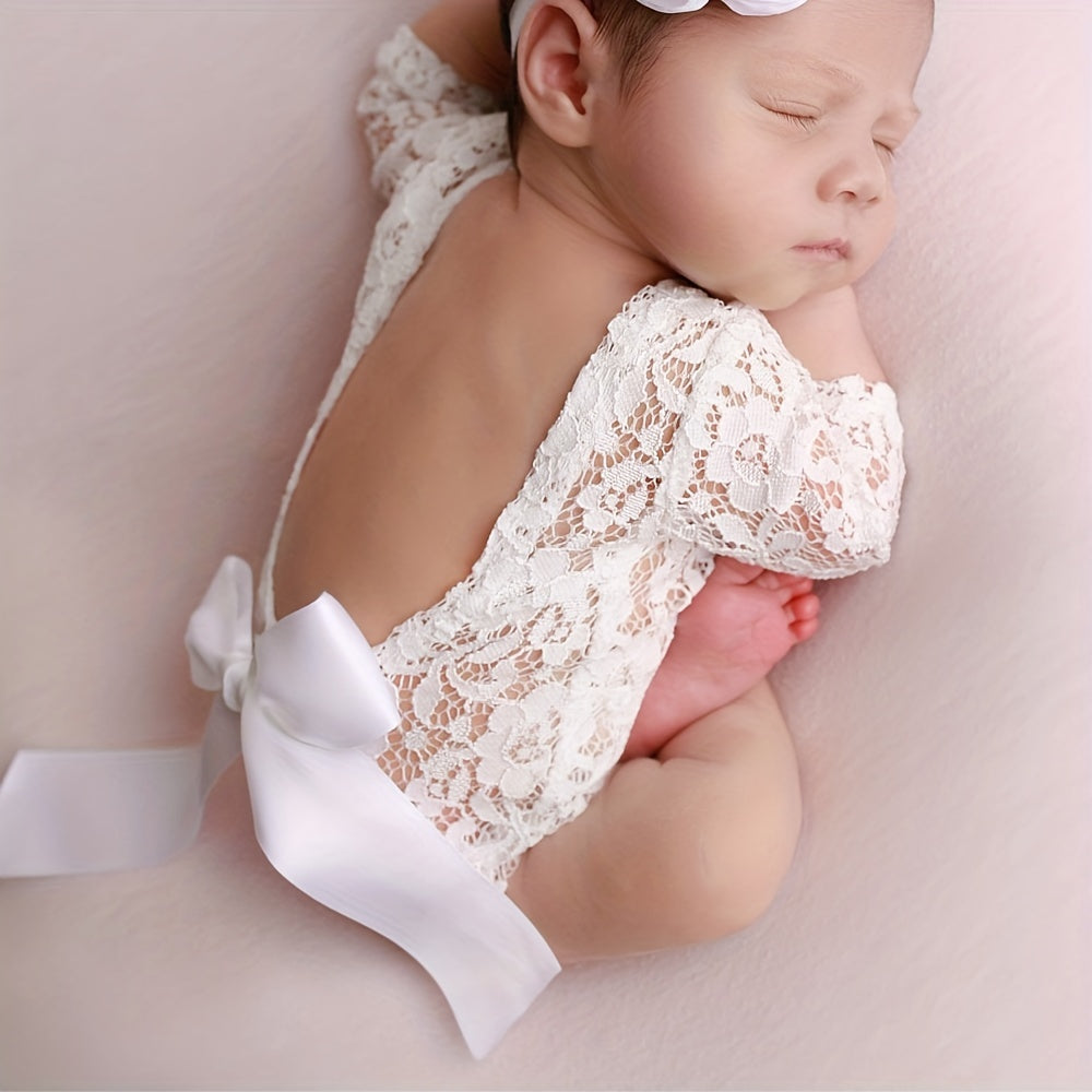 2PC Bowknot Headband Lace Jumpsuit Photography Suit 0-3 Months