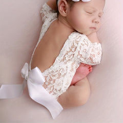 2PC Bowknot Headband Lace Jumpsuit Photography Suit 0-3 Months