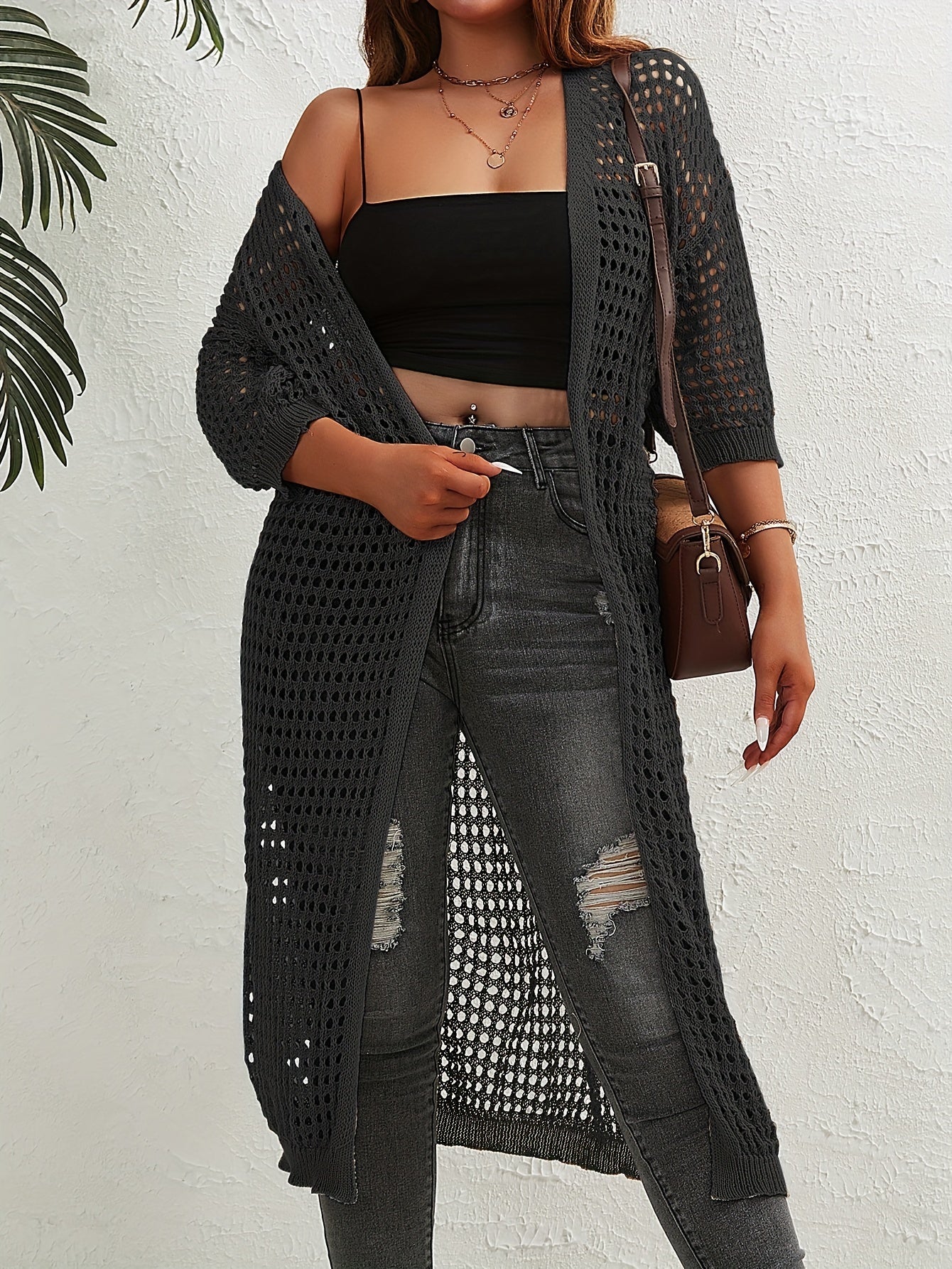 Solid Hollow Out Long Sleeve Open Front Cardigan