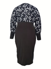 Colorblock Letter Print Lantern Sleeve Bodycon Dress