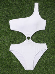 Girls One Piece Swimsuit with One Shoulder Round Ring