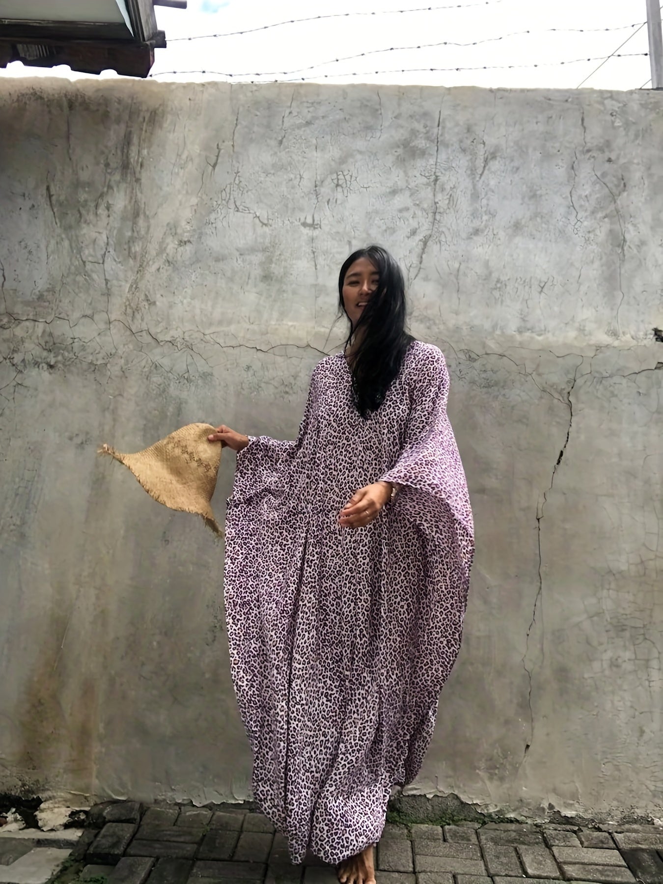 Boho Cover Up Women's Plus Leopard Print V Neck Split Maxi Kaftan