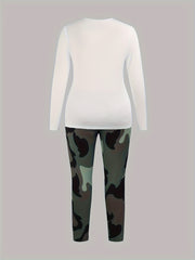 Colorblock Camo Print Top & Pants Set