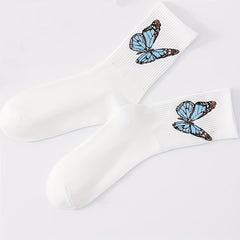 Butterfly Print Socks, Comfy & Breathable Mid Tube Stockings