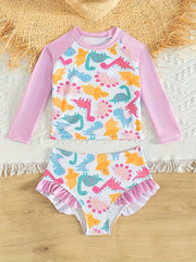 Dino Print 2pc Swimsuits Splicing Top & Ruffle Shorts Girls