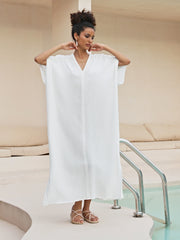 Solid Bat Sleeve V Neck Beach Cover Up Dress