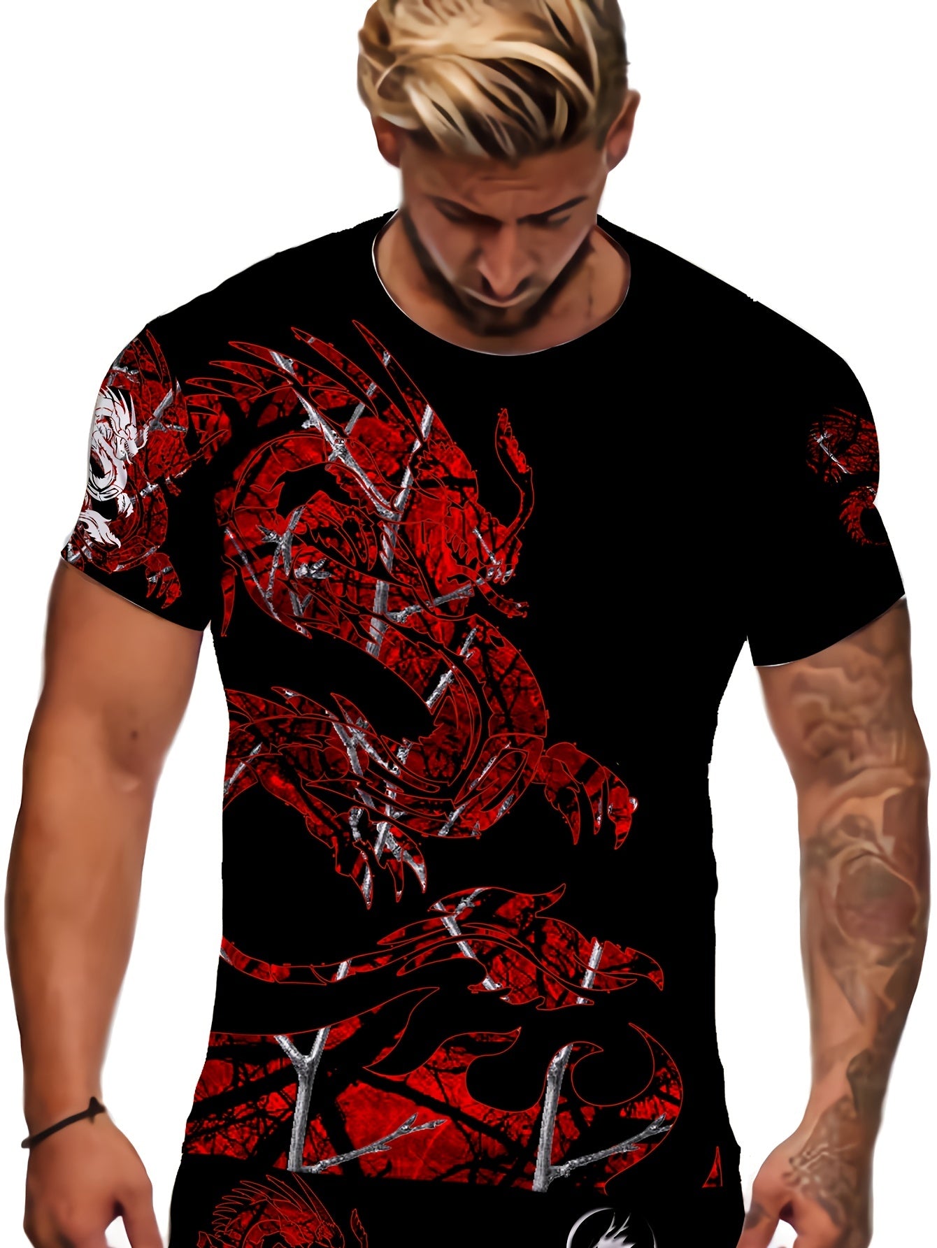 Dragon Pattern T shirt Men's Casual Street Style Tee Shirt