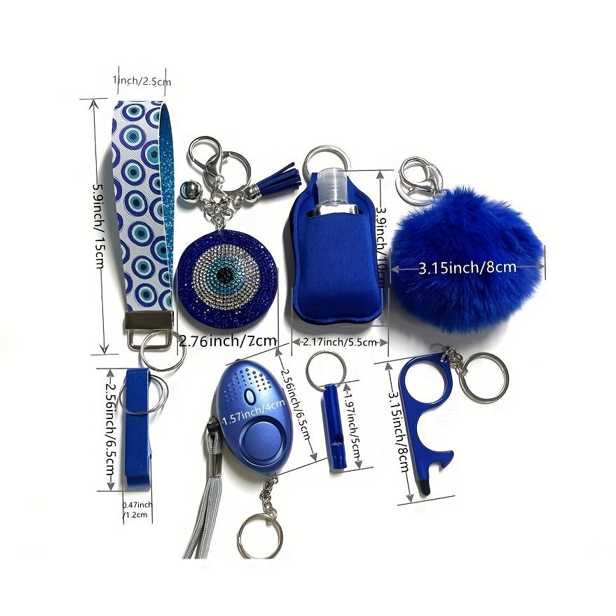 8pcs Devil's Eye Safety Keychain Set with Personal Alarm and Bottle Opener