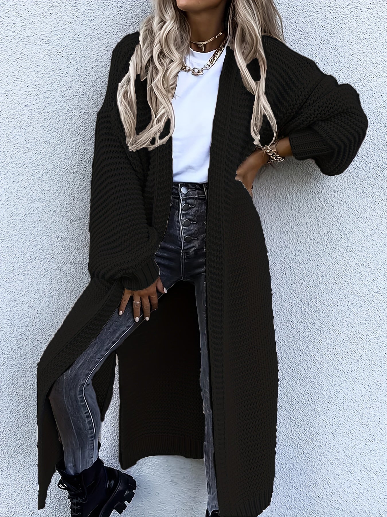 Solid Open Front Side Split Cardigan Casual Long Sleeve Cardigan