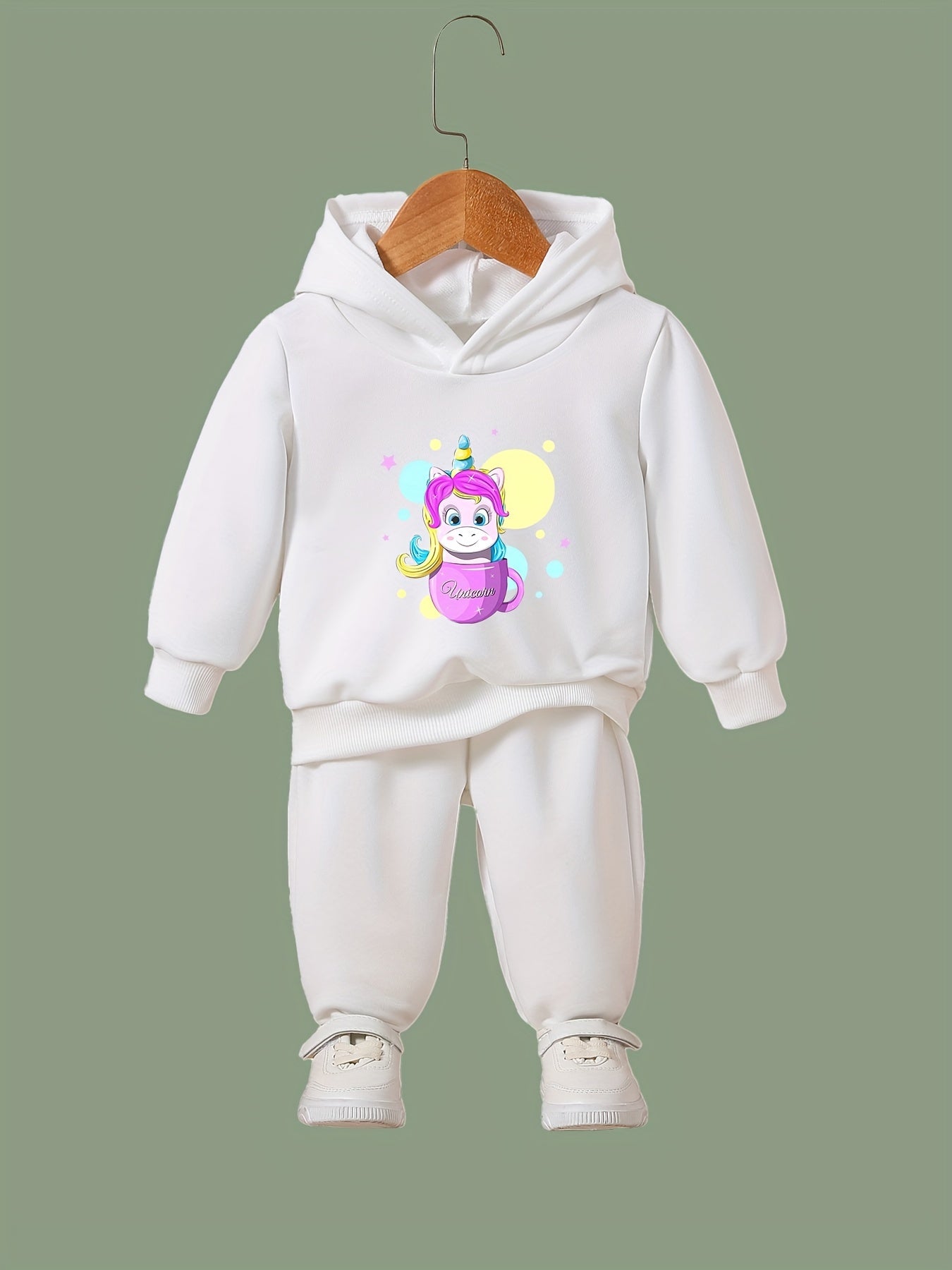 Girls Unicorn Pattern Hoodie Sweatshirt & Solid Sweatpants Set