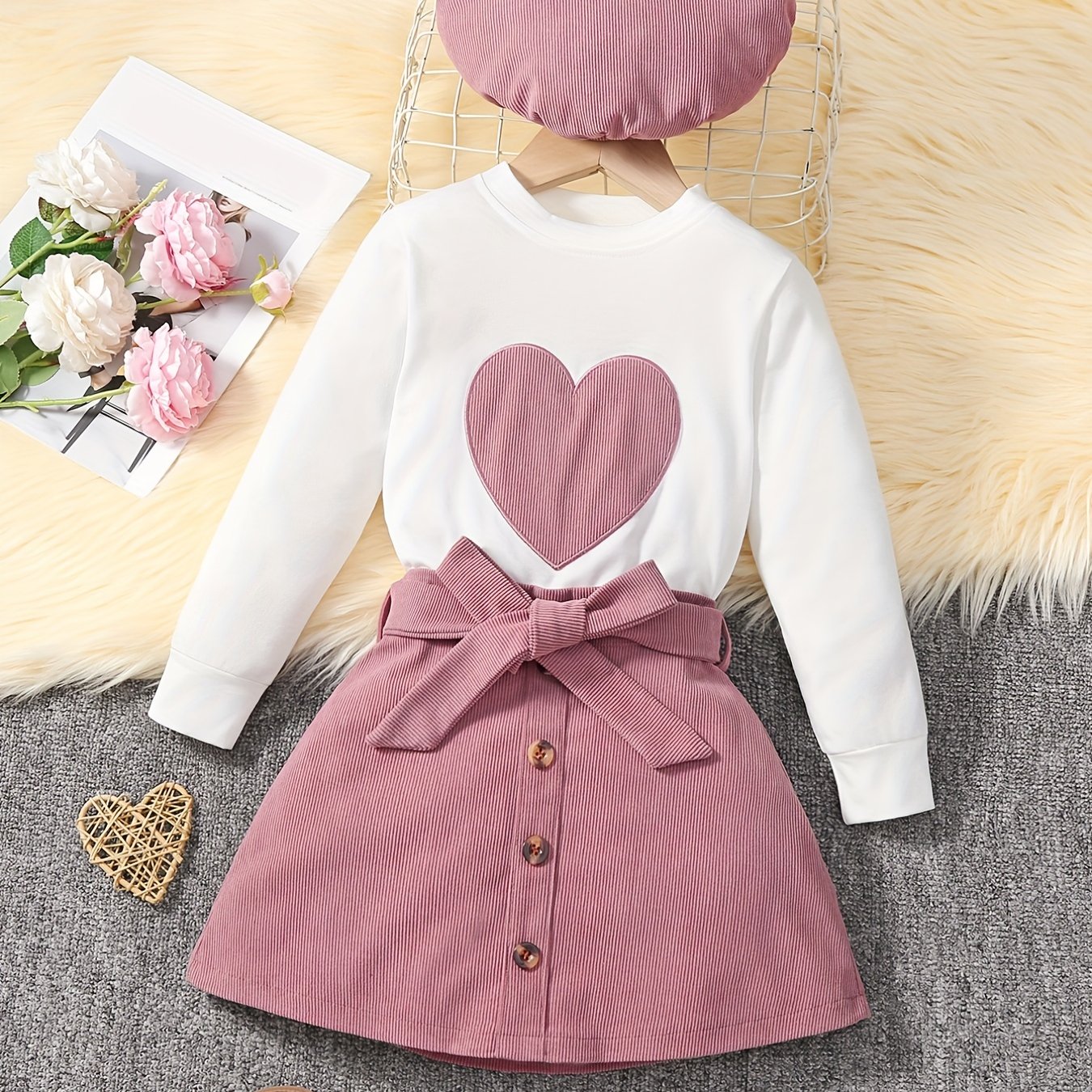 Girl's 3pcs Long Sleeve Top & Beret Hat & Belted Corduroy Skirt Set