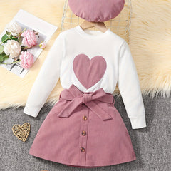 Girl's 3pcs Long Sleeve Top & Beret Hat & Belted Corduroy Skirt Set