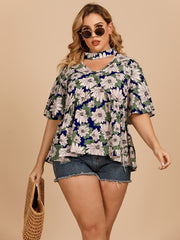 Floral Print Halter Neck Short Sleeve Blouse Plus Size