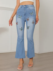 Butterfly Print Flare Leg Jeans High Rise Bell Bottoms