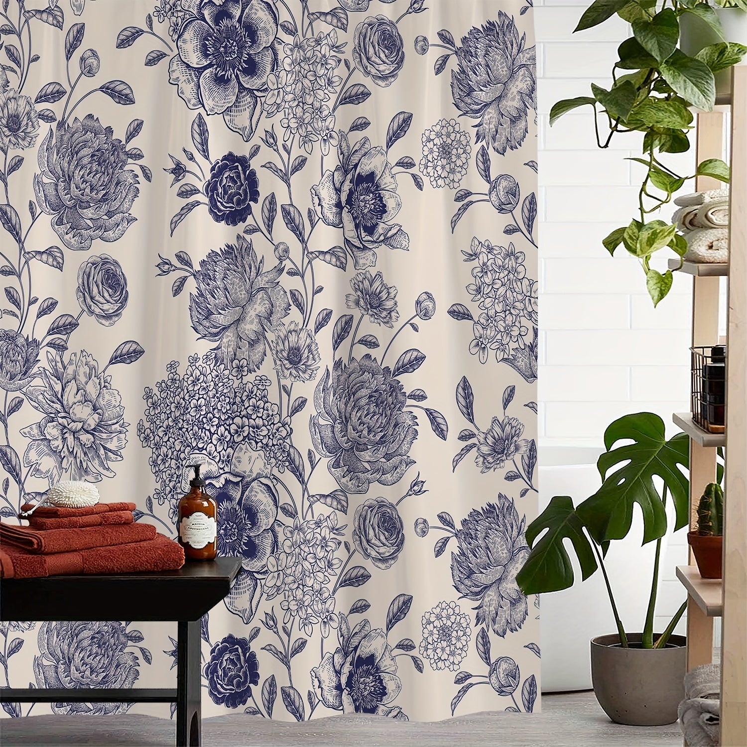 Waterproof Floral Shower Curtain w/ 12 Hooks Bathroom Decor