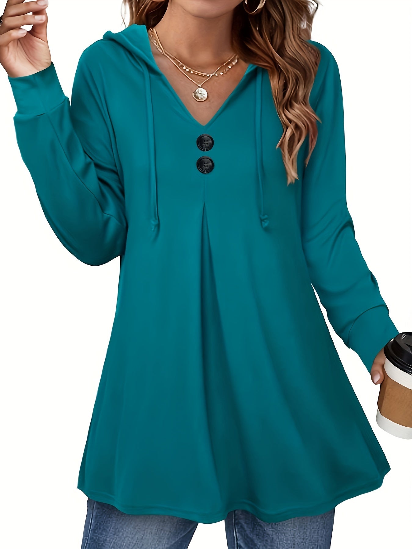 Button Front Drawstring Hoodie Sweatshirt Women's Clothing