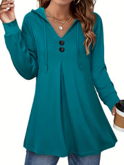 Button Front Drawstring Hoodie Sweatshirt Women's Clothing