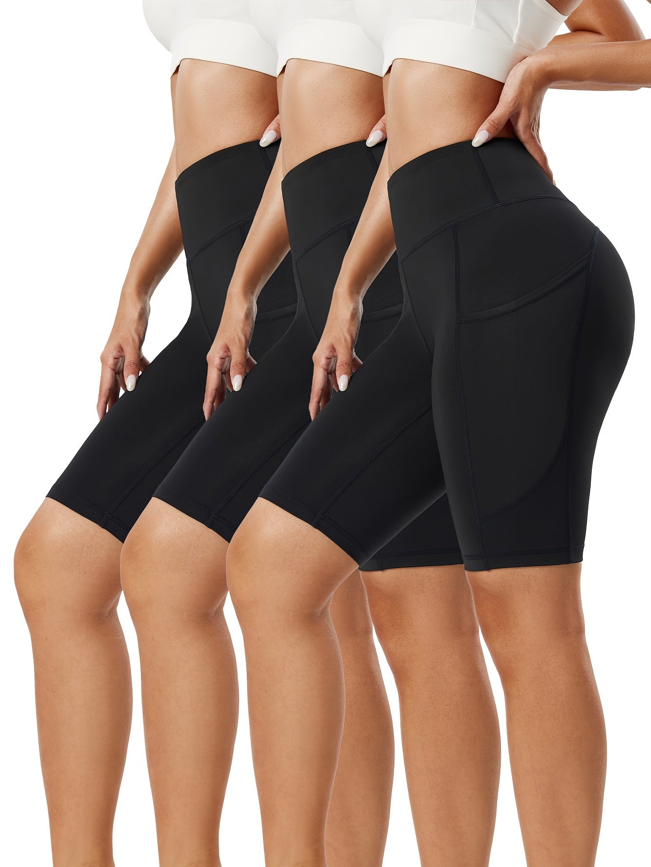 3Pcs Solid Sports Shorts High Waist Tummy Control Slim Fit With Pocket