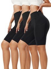 3Pcs Solid Sports Shorts High Waist Tummy Control Slim Fit With Pocket