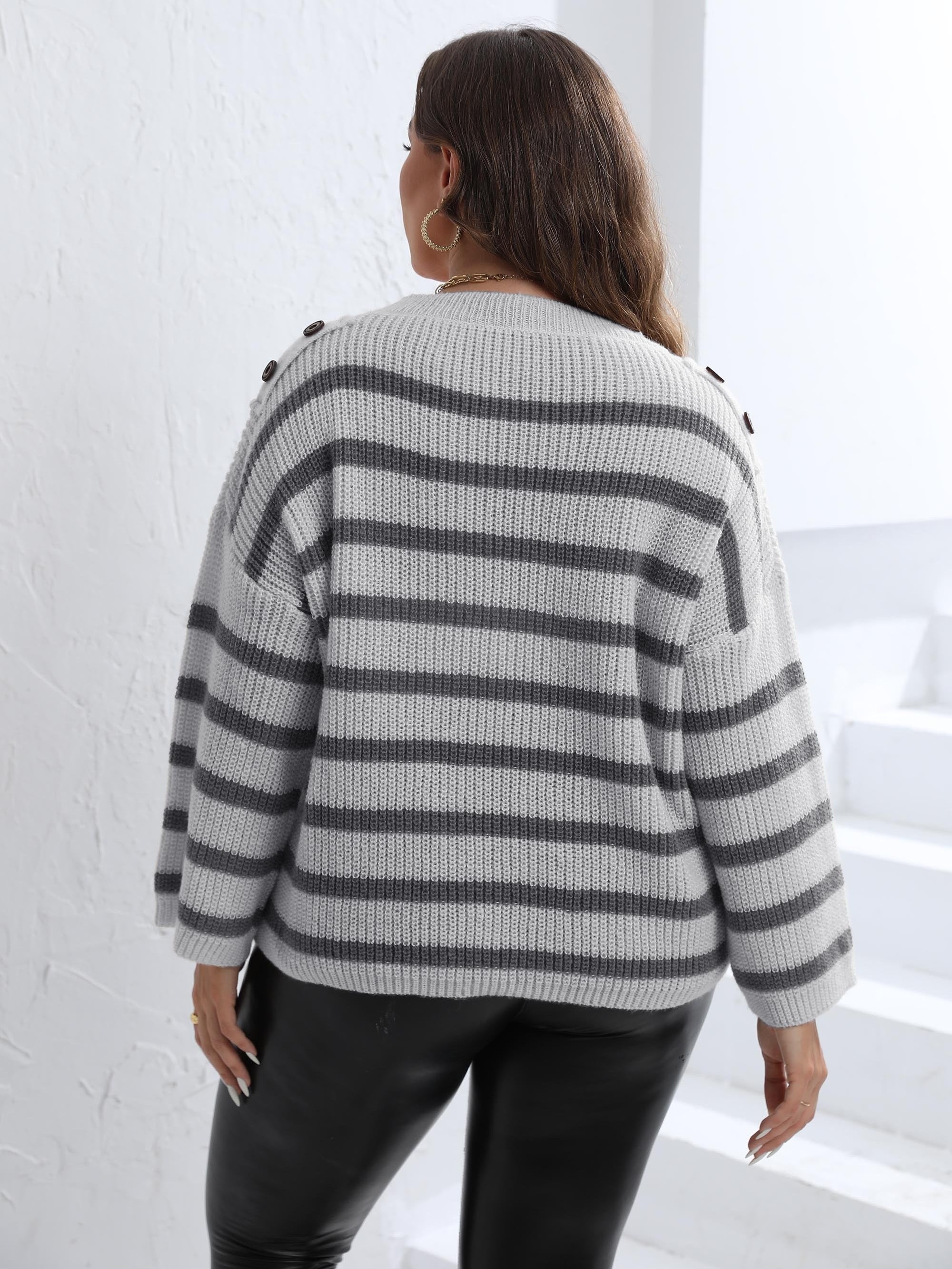 Casual Stripe Print Sweater Drop Shoulder Round Neck Loose Fit