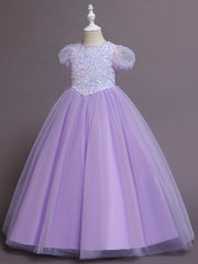 Sequins Princess Dress Puff Sleeves Fit Flare Girls Birthday Show