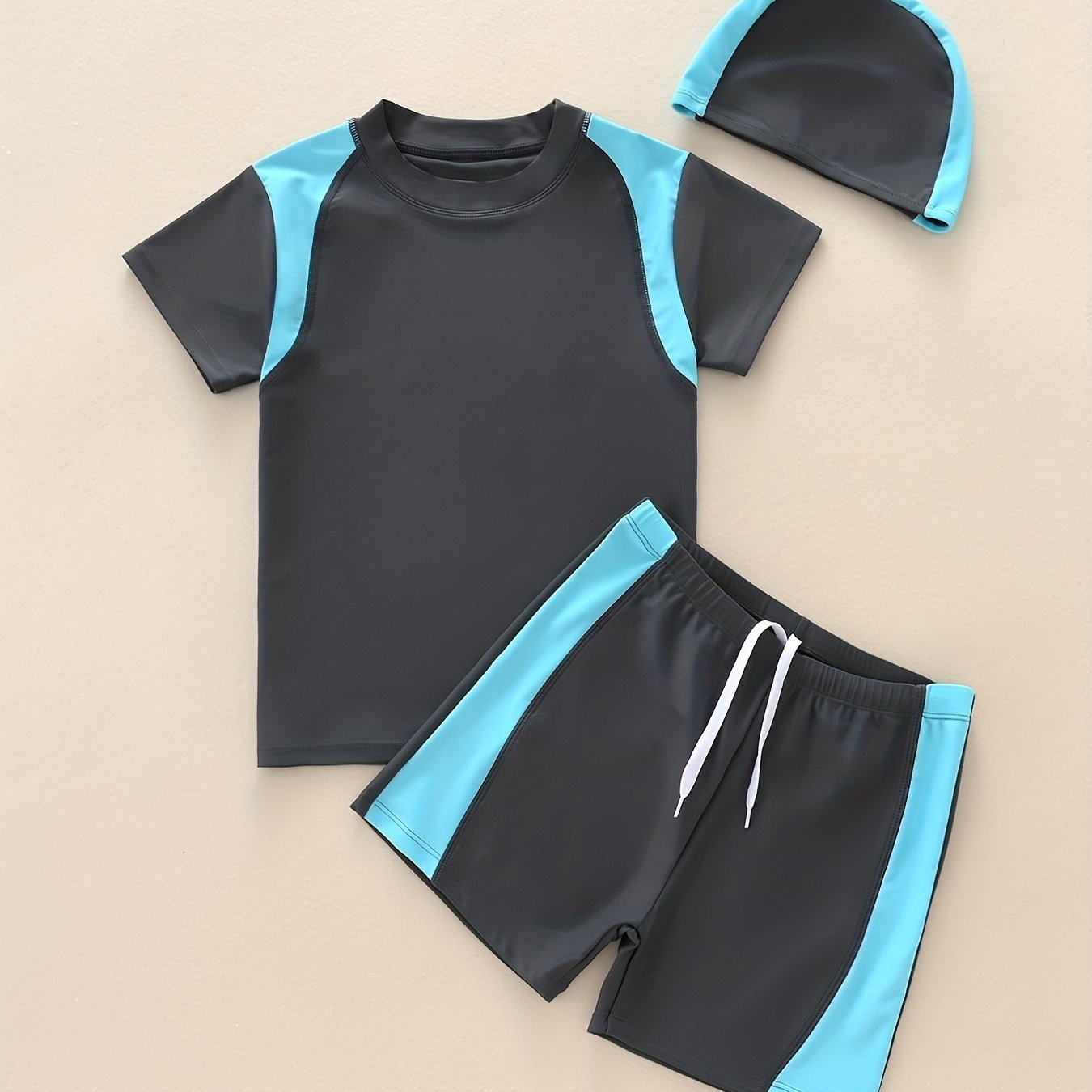 Boys 3pcs Swimsuit Short Sleeve Tee & Shorts & Cap Quick Drying Beach Vacation