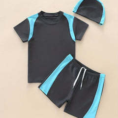 Boys 3pcs Swimsuit Short Sleeve Tee & Shorts & Cap Quick Drying Beach Vacation