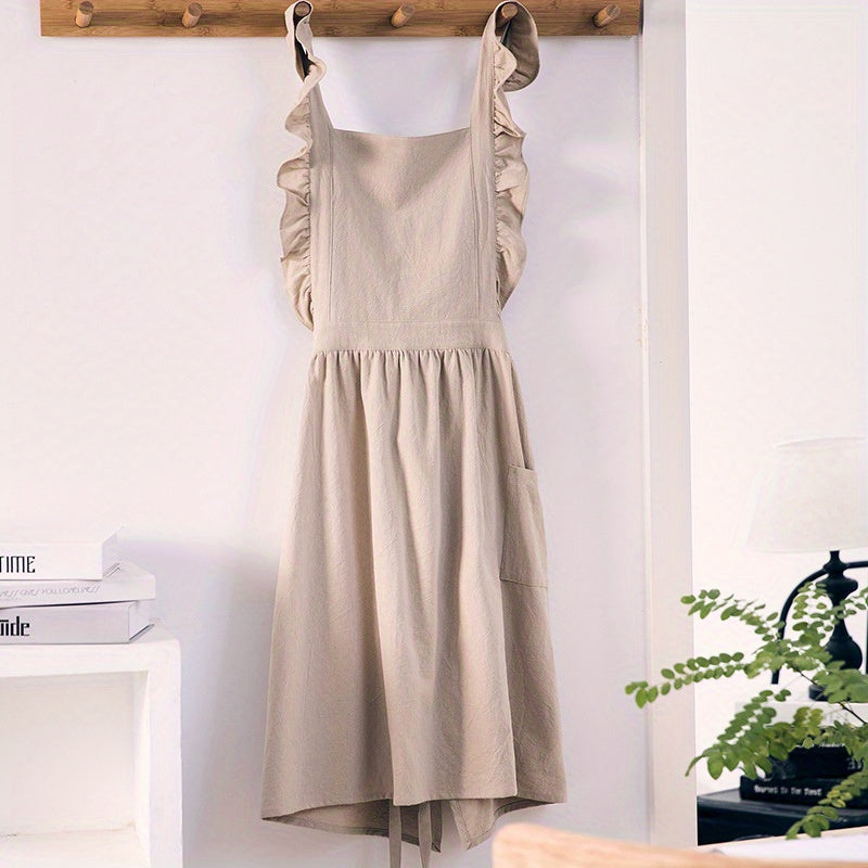 Lotus Leaf Lace Cotton Linen Apron Kitchen Cafe Work Apron