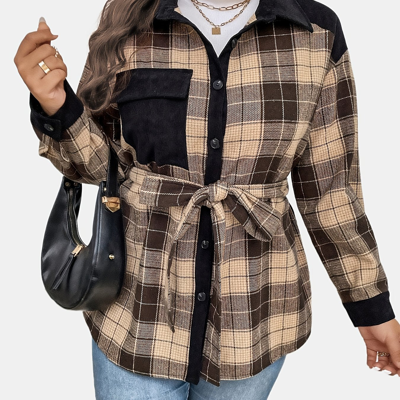 Colorblock Plaid Print Button Up Long Sleeve Shirt Coat