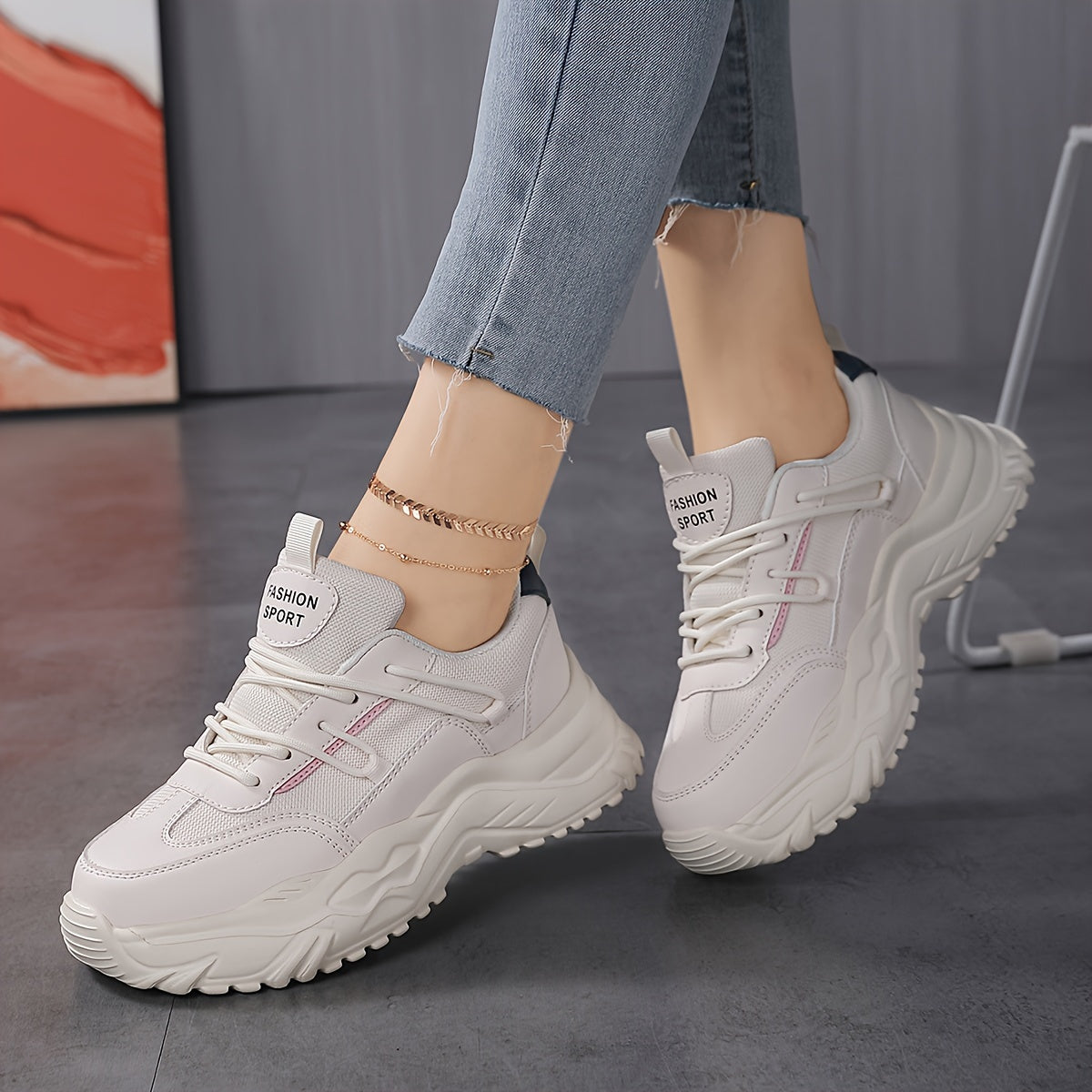 Women's Chunky Faux Leather Sneakers for Outdoor Sports