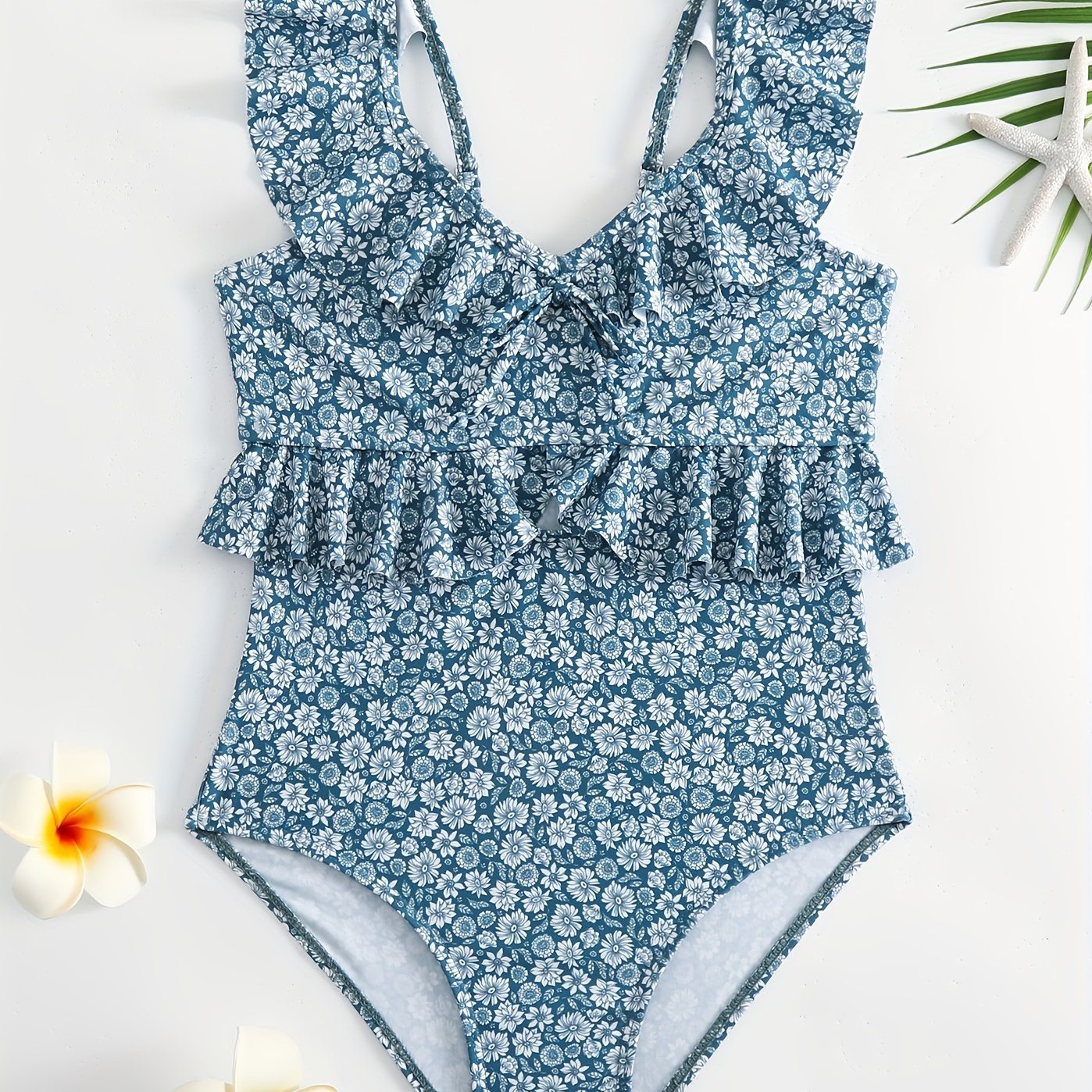 Girls Ruffle One Piece Swimsuit Floral Print Halter Neck for Beach Vacation