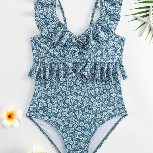 Girls Ruffle One Piece Swimsuit Floral Print Halter Neck for Beach Vacation